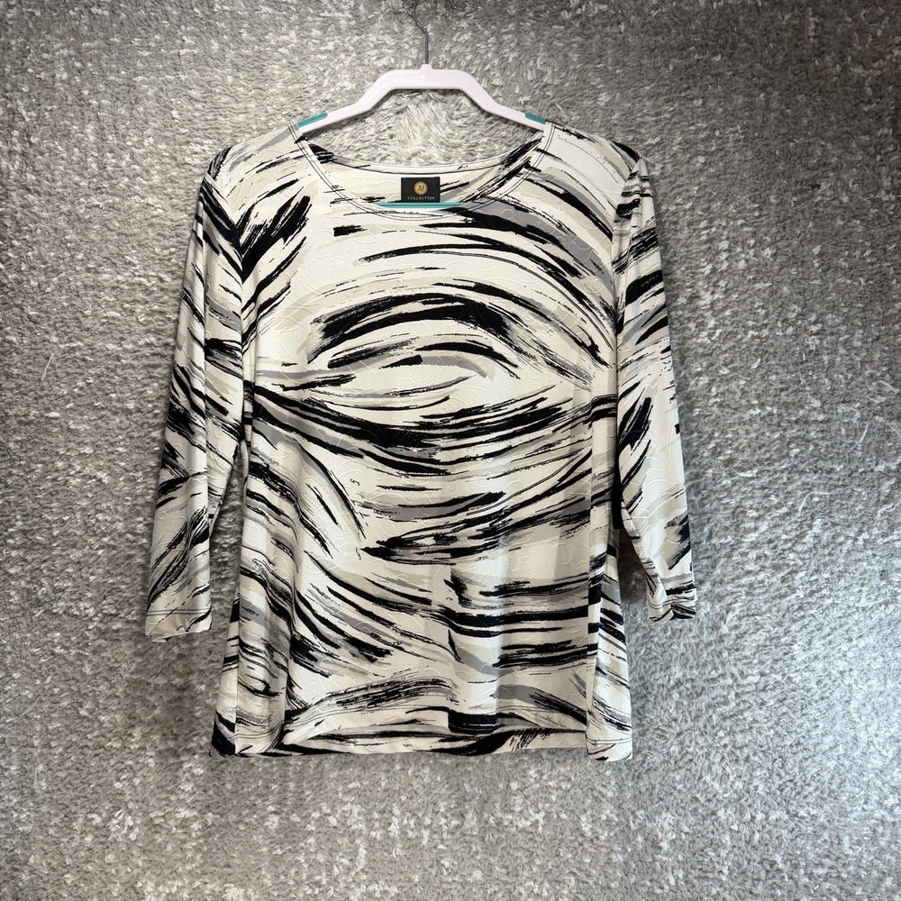 JM Collection 3/4 Sleeve Blouse White Black Abstract Top Work Career PL NWT